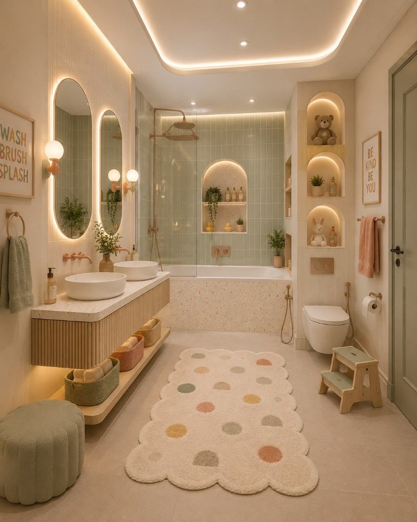 Pastel Sage & Terrazzo Luxury Kids/Guest Bathroom Suite