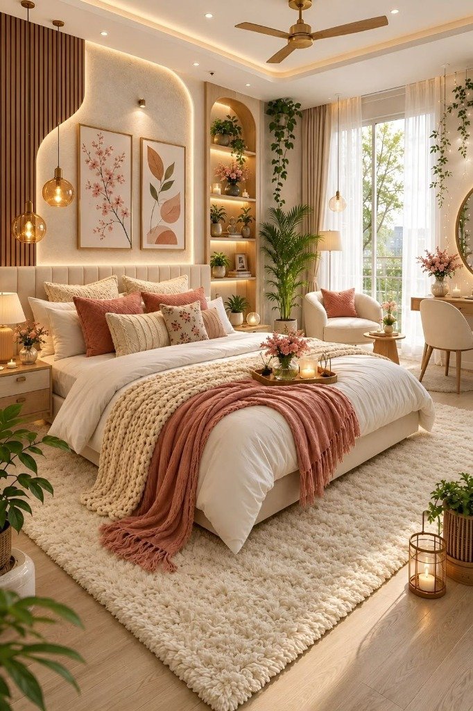 Boho Terracotta & Botanical Guest Bedroom with Balcony