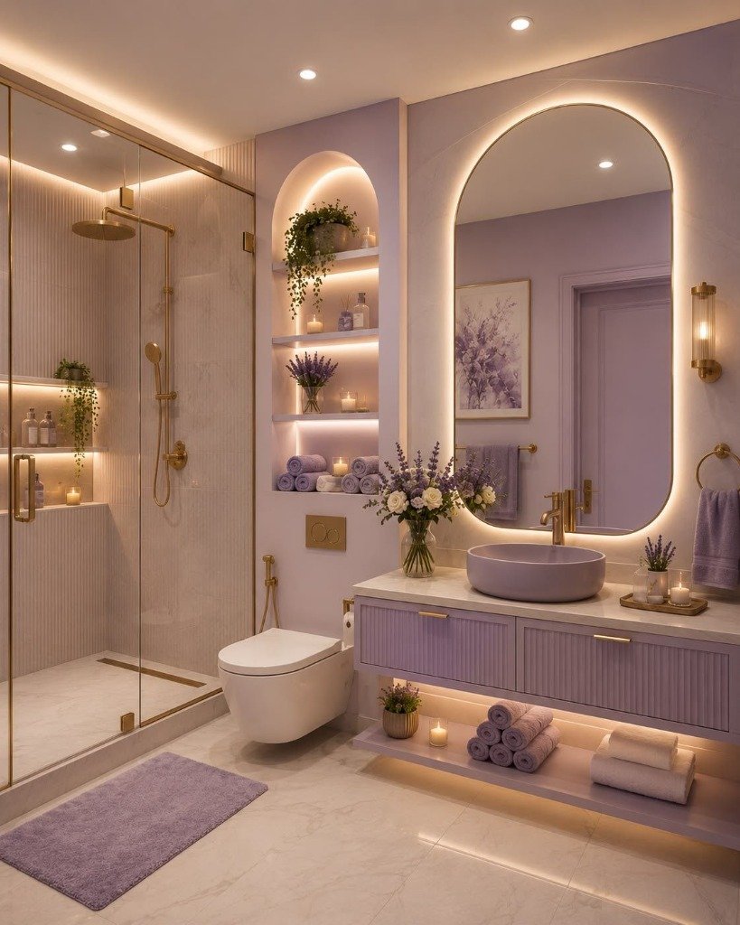 Lavender & Gold Luxury Spa Bathroom with Arched Niche