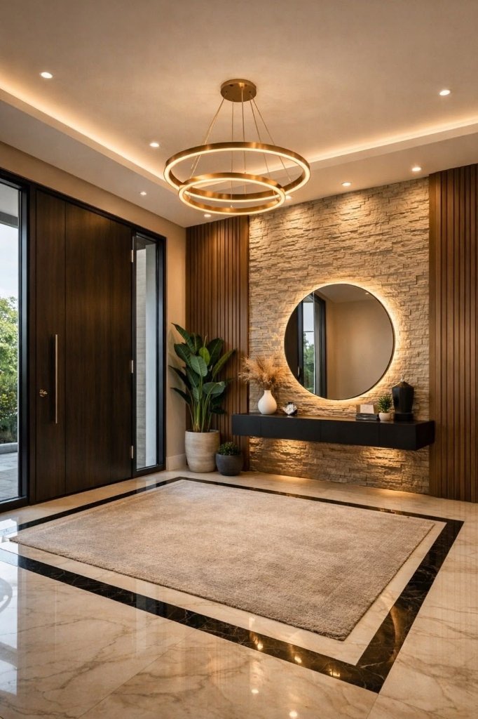 Stacked Stone Cladding Foyer & Illuminated Round Mirror Console
