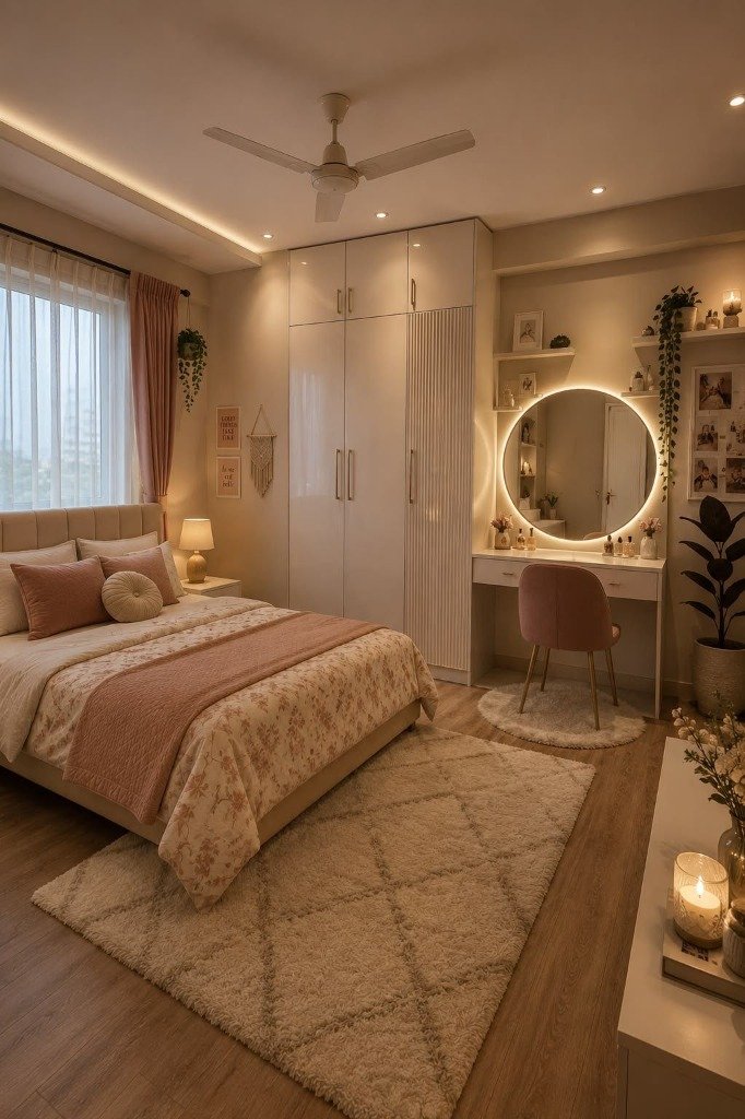 Cozy Blush Fluted Wardrobe Bedroom & Halo Vanity