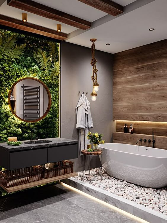 Biophilic Greenery & Pebble-Bed Luxury Spa with Living Wall and Freestanding Tub