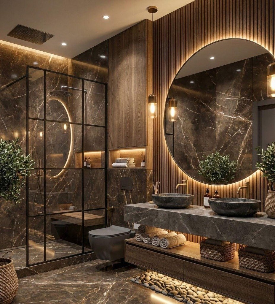 Dark Emperador Marble & Fluted Walnut Zen Spa with River Pebbles