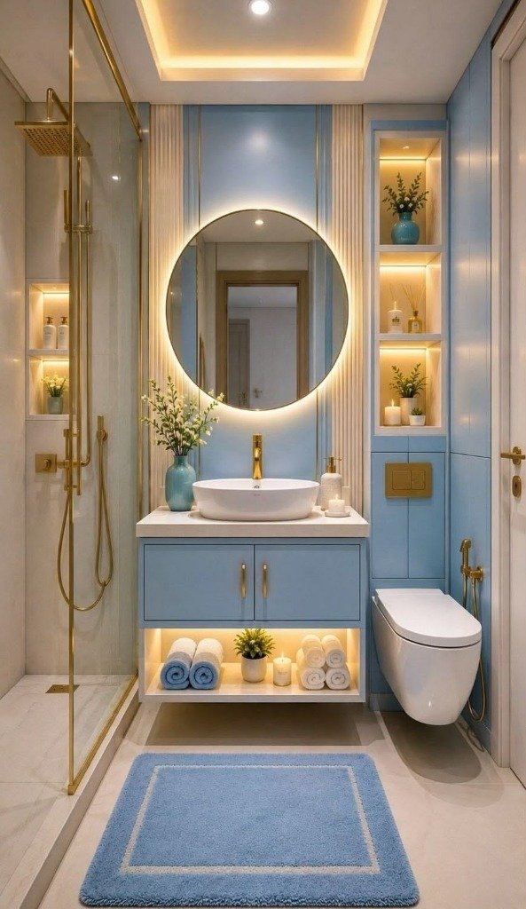 Pastel Sky Blue & Gold Compact Luxury Bathroom