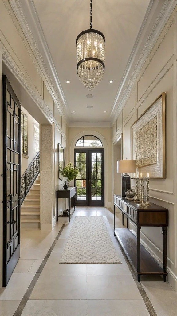 Grand French Neoclassical Grand Hallway & Crystal Chandelier