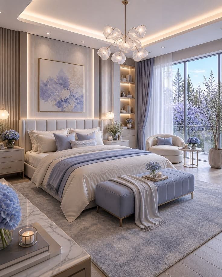 Periwinkle & Fluted Panel Estate Master Suite with Garden Terrace