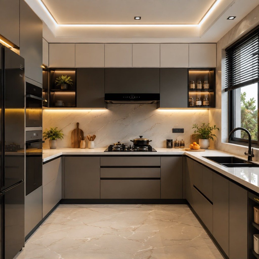 Minimalist Matte Charcoal & Cove-Lit Marble Kitchen