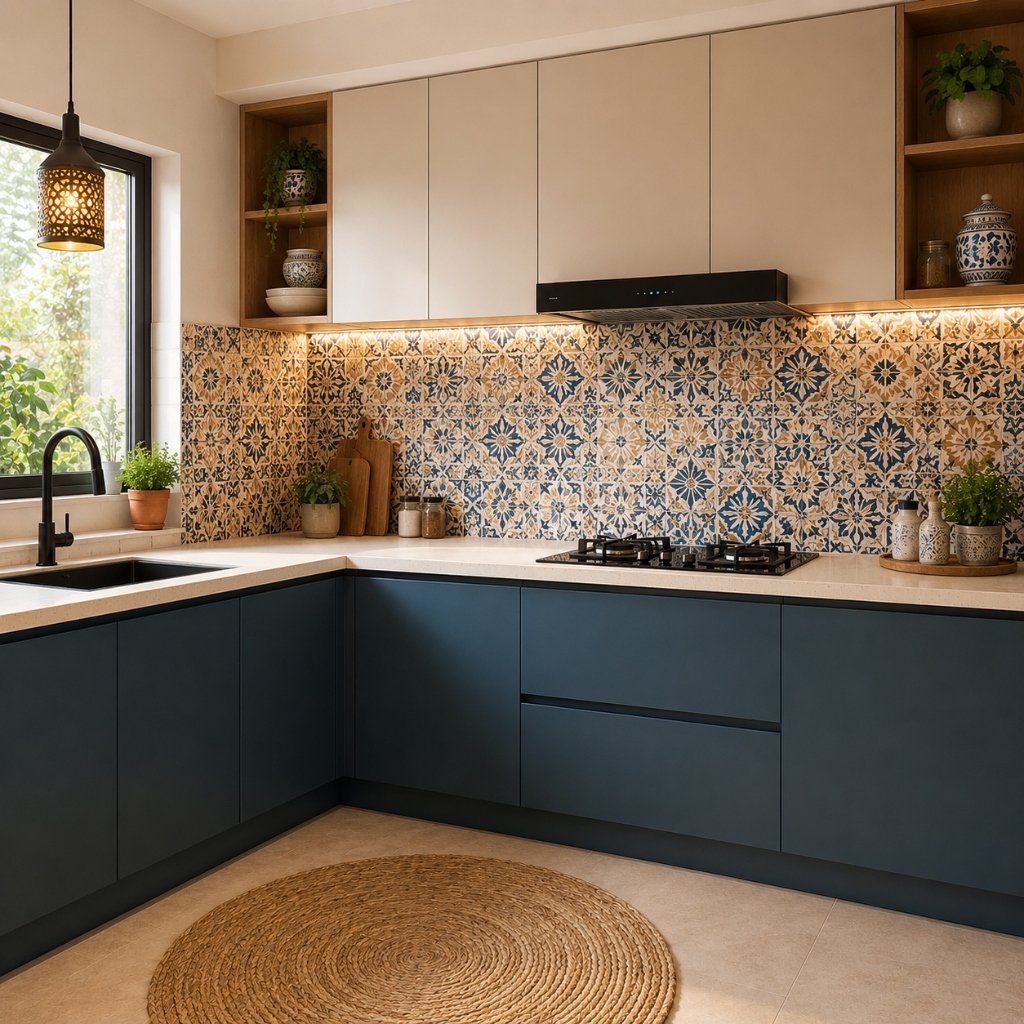 Moroccan Talavera & Navy Modular Kitchen