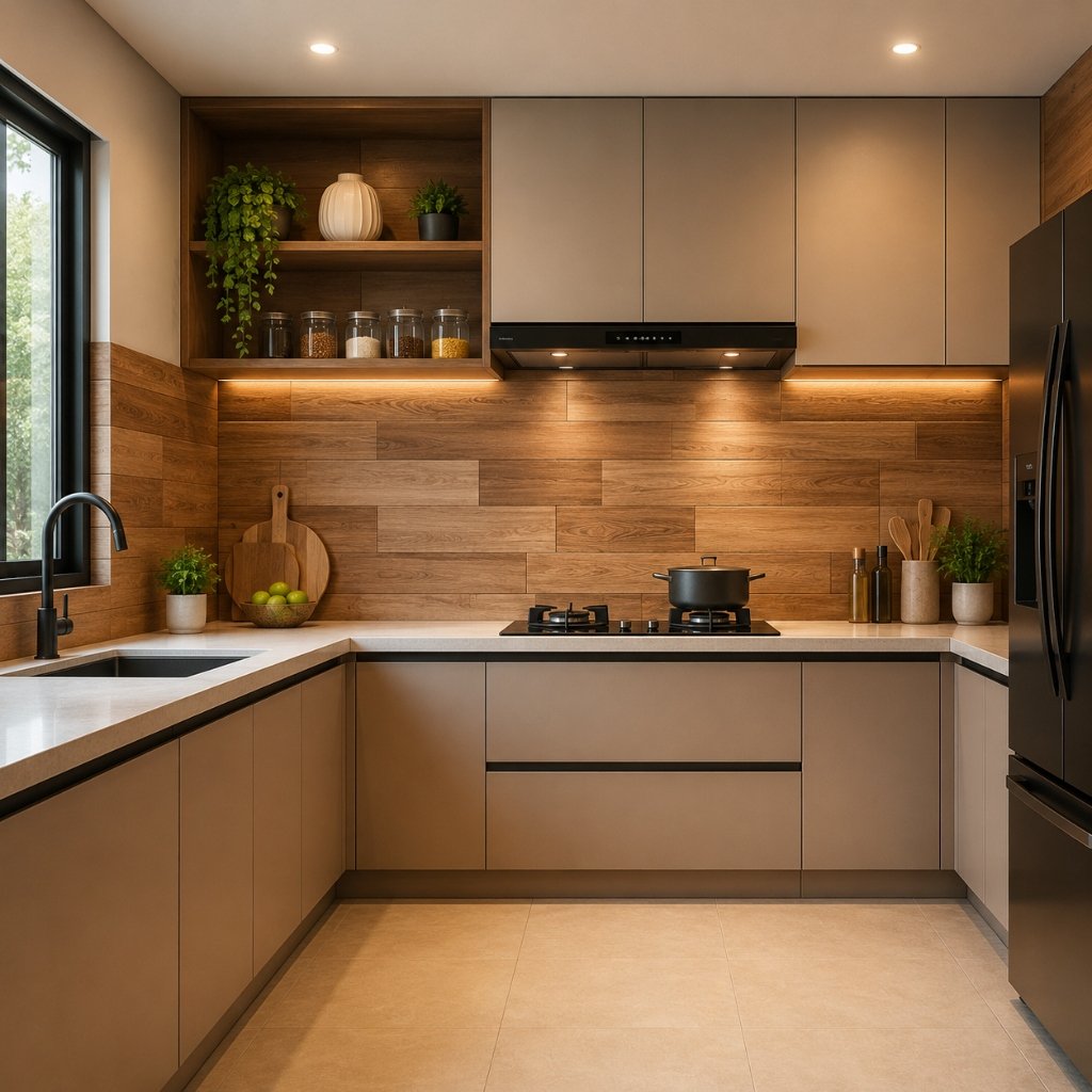 Warm Oak Plank & Taupe Modular Kitchen