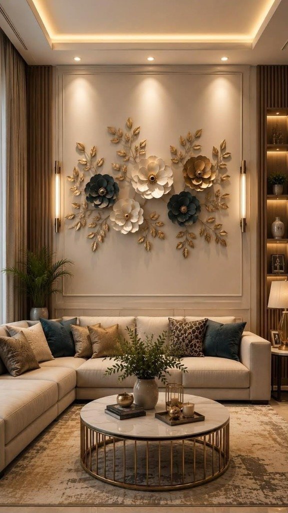 3D Sculptural Floral Art & Fluted Niche Living Room