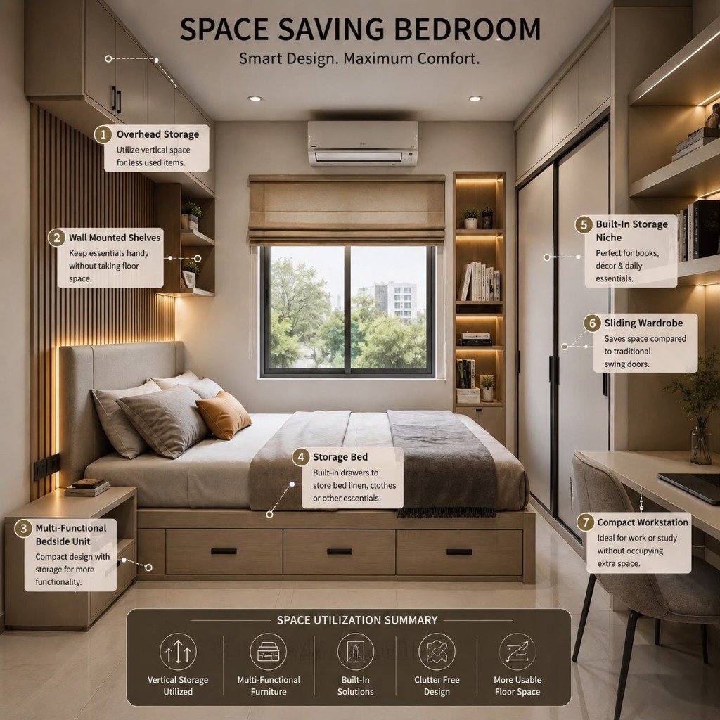 Compact Bedroom with Sliding Wardrobe & Integrated Workstation