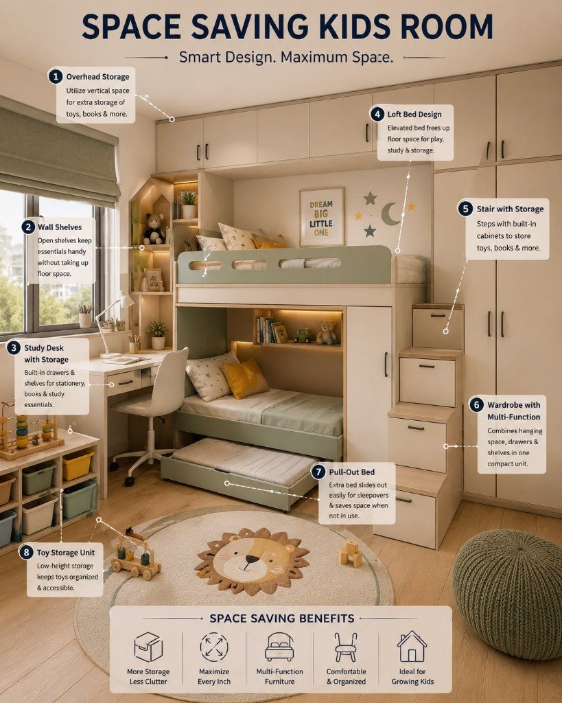 Space Saving Kids Loft Bed & Storage Staircase & Study Desk