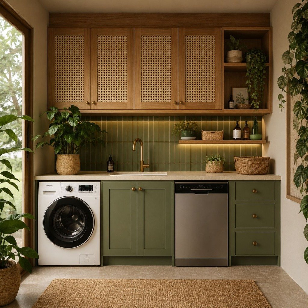 Boho Olive Green & Woven Rattan Utility Sanctuary