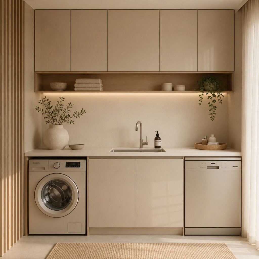 Warm Japandi Minimalist Utility Suite with Open Oak Niche