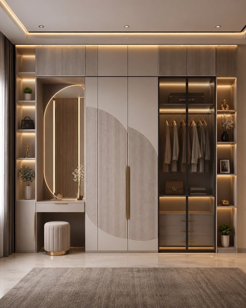 Fluted Cream Elegance & Backlit Vanity Wardrobe
