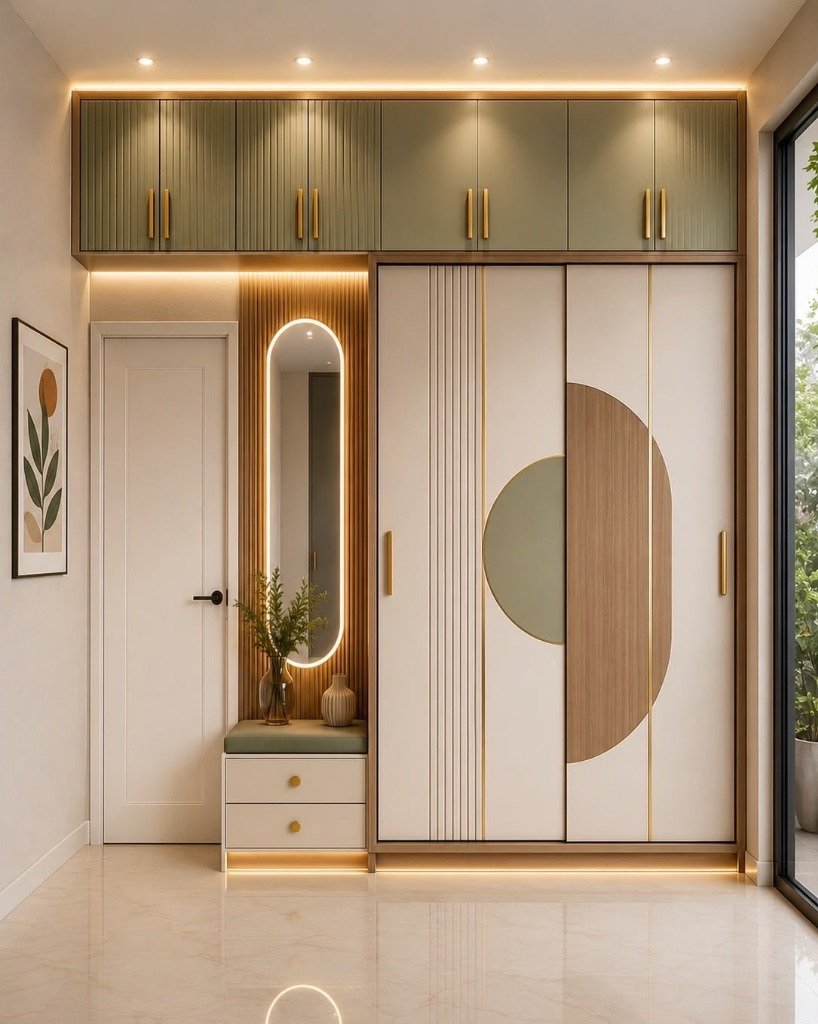 Japandi Geometric Sliding & Backlit Dressing Wardrobe