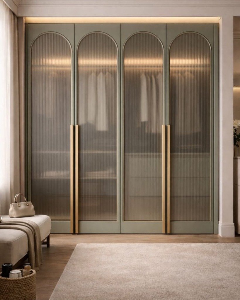 Sage Green Arched & Fluted Glass Wardrobe
